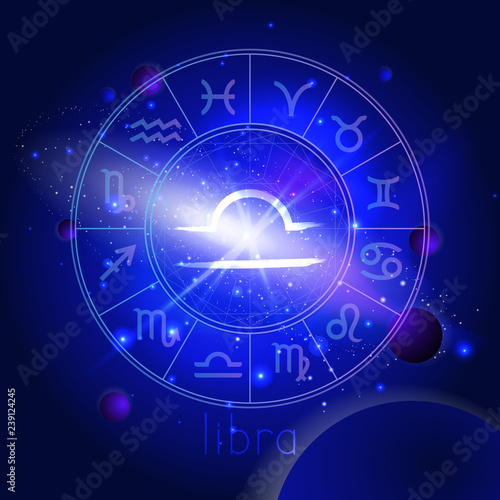 Vector illustration of sign LIBRA with Horoscope circle against the space background.