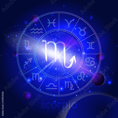 Vector illustration of sign SCORPIO with Horoscope circle against the space background.