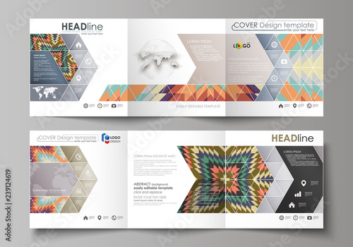 Set of business templates for tri fold square design brochures. Leaflet cover, abstract vector layout. Tribal pattern, geometrical ornament in ethno syle, ethnic backdrop, vintage fashion background.