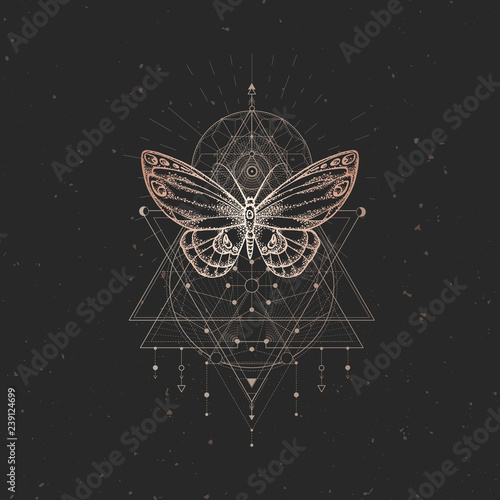 Vector illustration with hand drawn butterfly and Sacred geometric symbol on black vintage background. Abstract mystic sign. Gold linear shape.