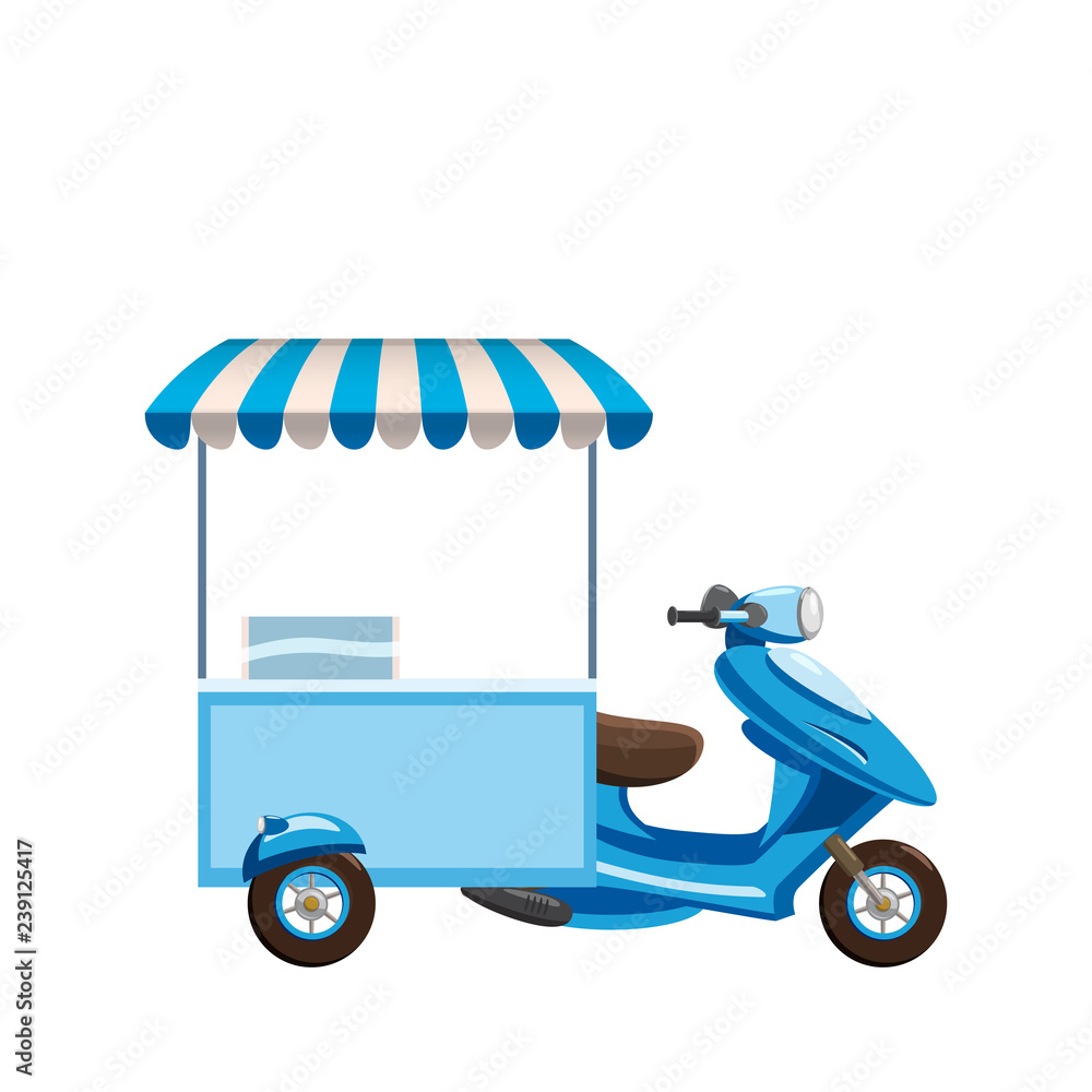 Scooter vector template for branding and advertising isolated on white. Side view with stuff, Van for Brand Identity street cafe and Fast-Food transport. Isolated, flat cartoon style