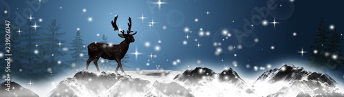panorama christmas - reindeer in the snowy mountains - blur lights background