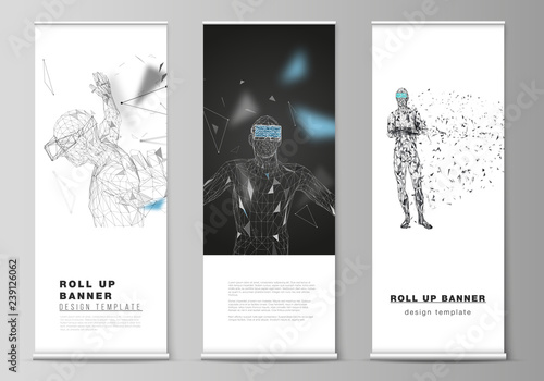 The vector illustration of the editable layout of roll up banner stands, vertical flyers, flags design business templates. Man with glasses of virtual reality. Abstract vr, future technology concept.