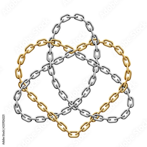 Triquetra with heart made of intersected chains. Trinity love symbol. Vector illustration.