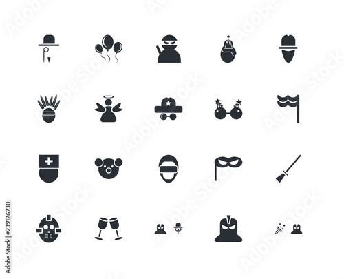 Set Of 20 icons such as Confetti, Knight, Zorro, Drinks, Hockey mask, Bandit, Fun glasses, Helmet, Doctor, Angel, Ninja, icon pack