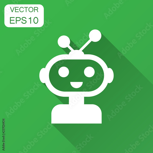 Cute robot chatbot icon in flat style. Bot operator vector illustration with long shadow. Smart chatbot character business concept.