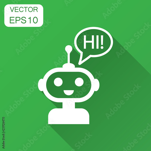 Cute robot chatbot icon in flat style. Bot operator vector illustration with long shadow. Smart chatbot character business concept.