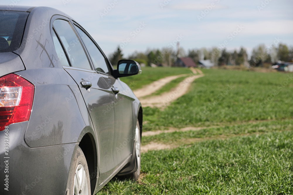The car is parked in the field. The car is driving along the rural road to the house. The car is gray in the meadow in front of the country road