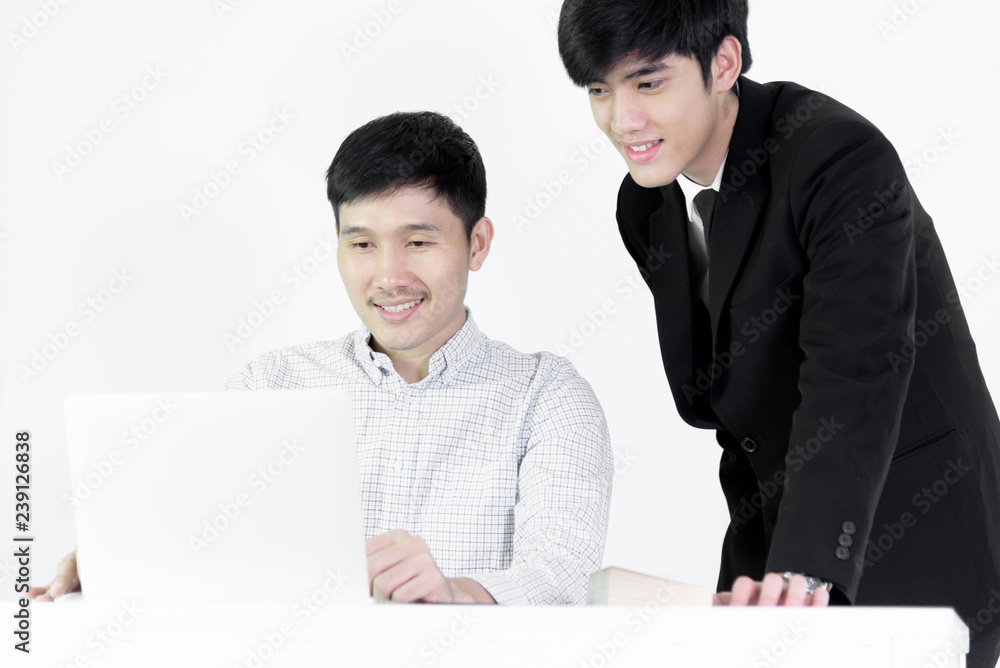 Asian manger businessman and employee salary man has working together with feeling happy and success, isolated on white background. Asian manger businessman and employee salary man has working together with feeling happy and success, isolated on white background.