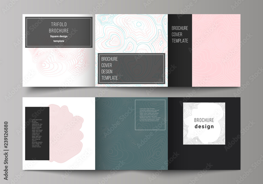 Fototapeta premium The black colored minimal vector illustration of editable layout. Modern creative covers design templates for trifold square brochure or flyer. Topographic contour map, abstract monochrome background.