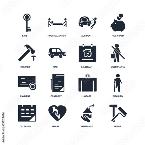 Set Of 16 icons such as Repair, Insurance, Heart, Calendar, Disabled, Safe, Hammer, Payment, Calendar icon