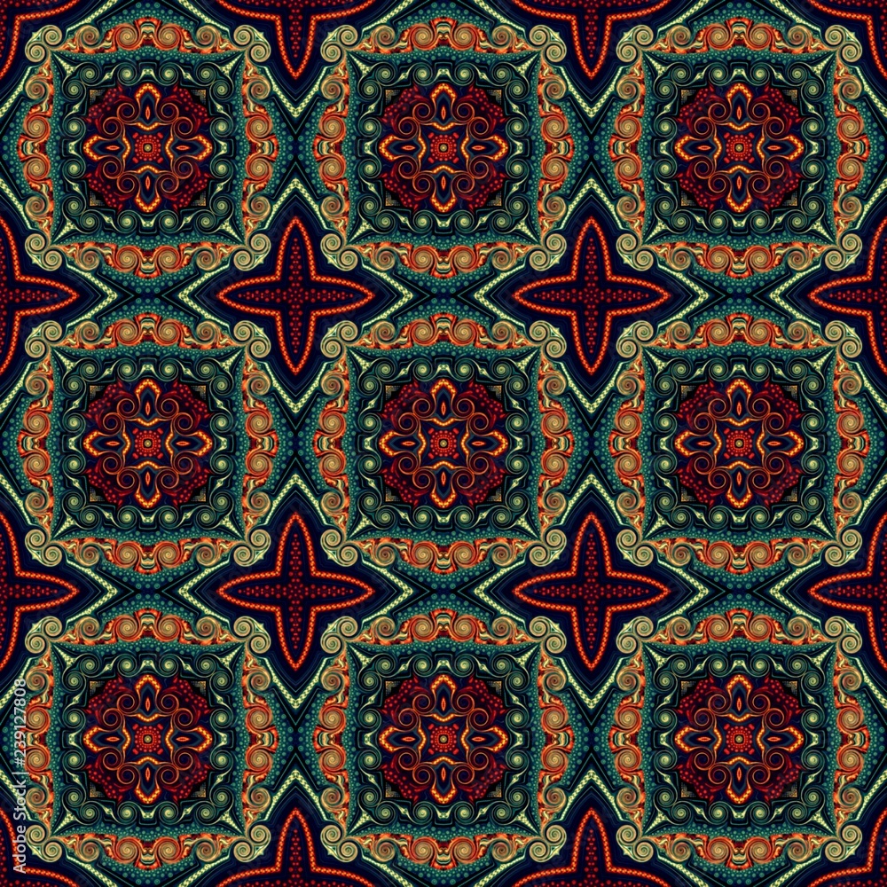 Seamless raster pattern in oriental style Flower psychedelic mosaic Pattern for wallpaper, backgrounds, decor for tapestries, carpet.