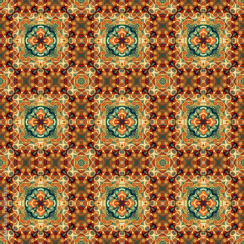 Seamless raster pattern in oriental style Flower psychedelic mosaic Pattern for wallpaper, backgrounds, decor for tapestries, carpet.