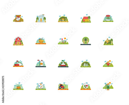 Set Of 20 icons such as Farmer, Microorganism, Tractor, Nutrition, Harvest, Healthy food, Conservation, Chemistry, Meat, Groceries, Wheel barrow, icon pack