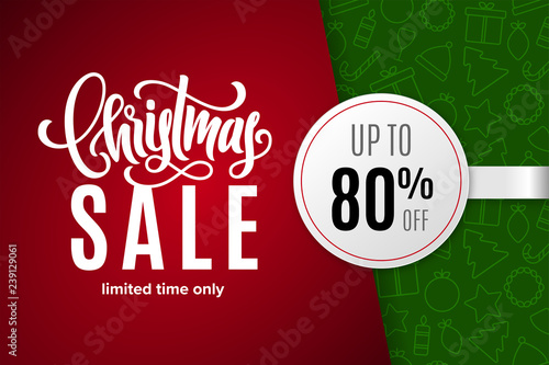 Christmas holiday sale 80 percent off with paper sticker on background with icons. Limited time only. Template for a banner, poster, shopping, discount, invitation