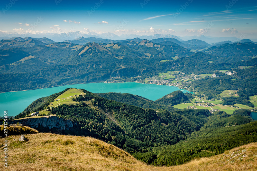 Scenic view from Schafberg over Lake Wolfgang and the mountains of Salzkammergut