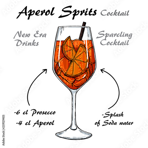 Aperol Sprits Cocktail vector Sketch illustration recipes 2