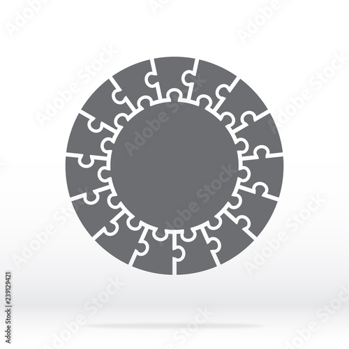 Simple icon circle puzzle in gray. Simple icon circle puzzle of the fifteen elements and center on gray background. Flat design. Vector illustration EPS10.
