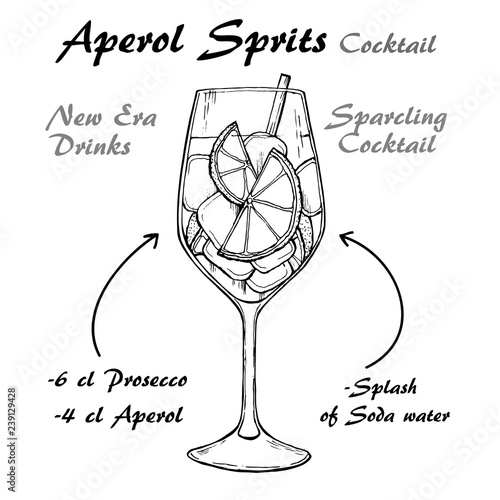 Aperol Sprits Cocktail vector Sketch illustration recipes