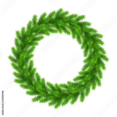 Realistic Christmas wreath from fir tree branches. Template for a banner, poster, invitation