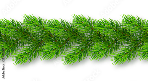 Seamless realistic Christmas garland from fir tree branches with shadow