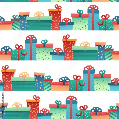 Design seamless pattern for christmas background and Wrapping paper. Wallpaper with illustration present and gift box decoration for bithday and holiday.  backdrop fabric and textile. Vector
