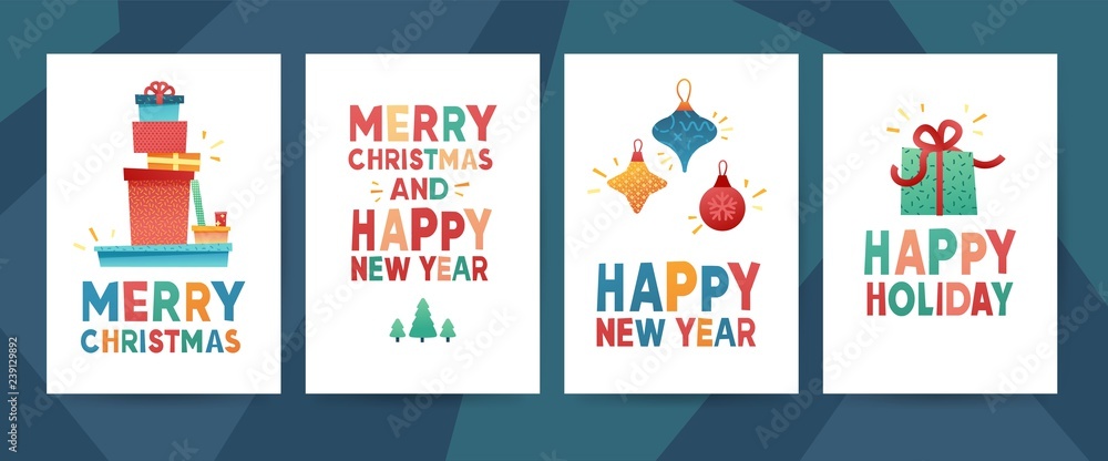 Design greeting card for Merry Christmas. Collection postcard for New Year holiday with gift box,present, garland nad Christmas wreath. Set template invitation with xmas illustration. Vector.