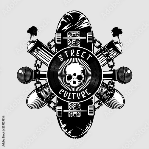 Street culture poster with skull and skateboard. Urban lifestyle. Hip-hop poster.