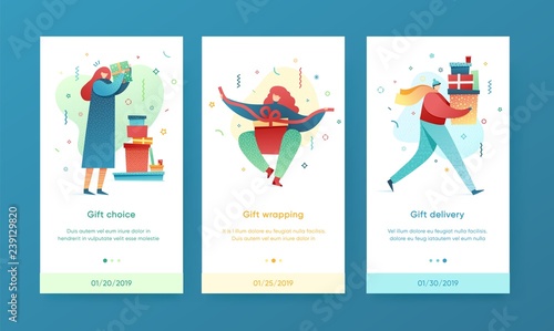 Design winter  landing page template. Merry Christmas and Happy New year website and UI layout. Flat people characters with present and goft box. Trendy illustration for holiday offer banner. Vector photo