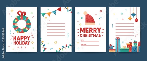 Design greeting card for Merry Christmas. Collection postcard for New Year holiday with gift box,present, garland nad Christmas wreath. Set template tag and label with xmas illustration. Vector.