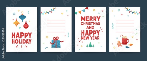Design greeting card for Merry Christmas. Collection postcard for New Year holiday with gift box,present, garland nad Christmas wreath. Set template tag and label with xmas illustration. Vector.
