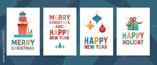 Design greeting card for Merry Christmas. Collection postcard for New Year holiday with gift box present  garland nad Christmas wreath. Set template invitation with xmas illustration. Vector.