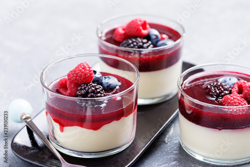 Delicious italian dessert panna cotta with berry sauce, fresh berries and mint on gray background. - Image photo