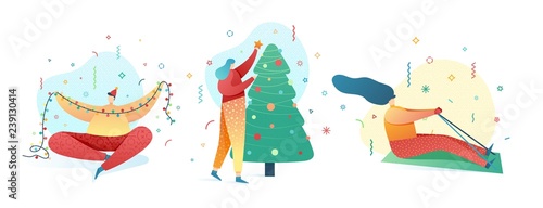 Set Design happy new year illustration young character. Cute flat people for christmas banner in modern style. Happy holiday girl and man illustration. Concept isolated female and male poses. Vector. 