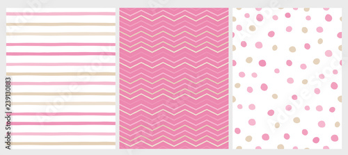 Set of 3 Varius Abstract Vector Patterns. Beige and Pink Round Shape Falling Confetti. Pink and White Background. Pink and Beige Dots, Stripes and Chevron Design. Cute Infantile Style Art.