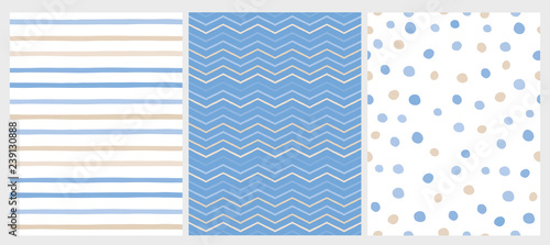 Set of 3 Varius Abstract Vector Patterns. Beige and Blue Round Shape Falling Confetti. Blue and White Background. Blue and Beige Dots, Stripes and Chevron Design. Cute Infantile Style Art.