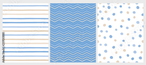 Set of 3 Varius Abstract Vector Patterns. Beige and Blue Round Shape Falling Confetti. Blue and White Background. Blue and Beige Dots, Stripes and Chevron Design. Cute Infantile Style Art. photo