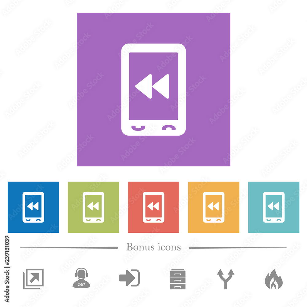 Mobile media fast backward flat white icons in square backgrounds Mobile media fast backward flat white icons in square backgrounds