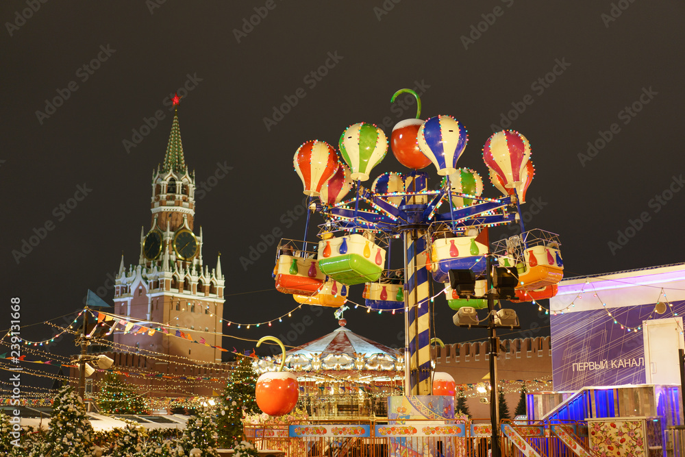Naklejka premium Decoration of the Moscow Red Square at last days of 2018 year. Spasskaya tower image.