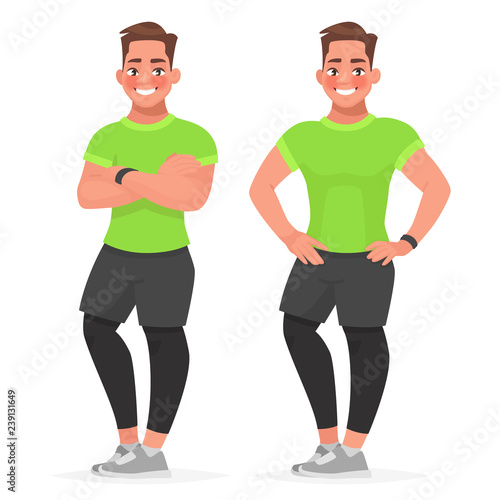 Fitness trainer. Handsome guy in sportswear is standing in different poses. The athlete man