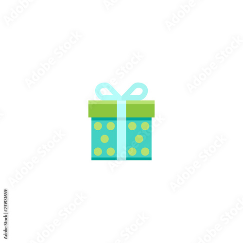 turquoise present box with green cover and powder blue ribbon. simple icon isolated on white background.