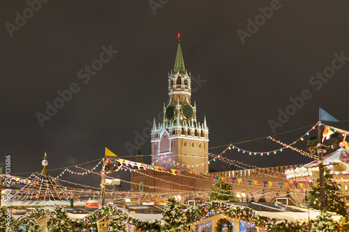 Decoration of the Moscow Red Square at last days of 2018 year. Spasskaya tower image. It's main clock of Russia.