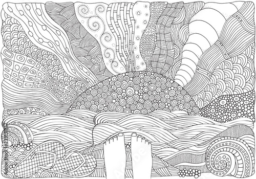 Black and white fantasy picture with sun and sea shore. Bare feet. Beach landscape. Pattern for adult Coloring book page. Hand-drawn, doodle