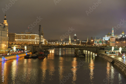 Bright Moskva-river embankment at the winter night