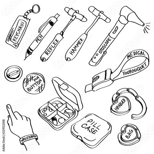 Set of hand drawn medical supplies doodles isolated on a white background.