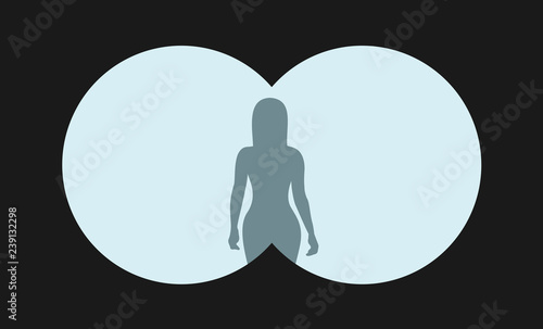 Stalking, snooping and stealthy chasing of beautiful and sexy woman. Voyeurism - attractive female with curvy figure is watched though binoculars. 