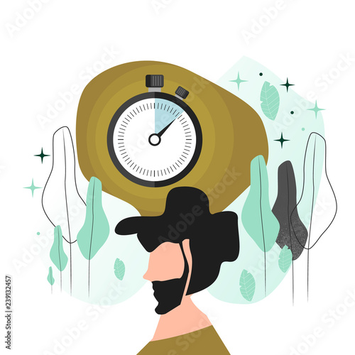 Vector illustration in a flat style. A man with a beard, thinking about how to properly use the time. A large image of a stopwatch.