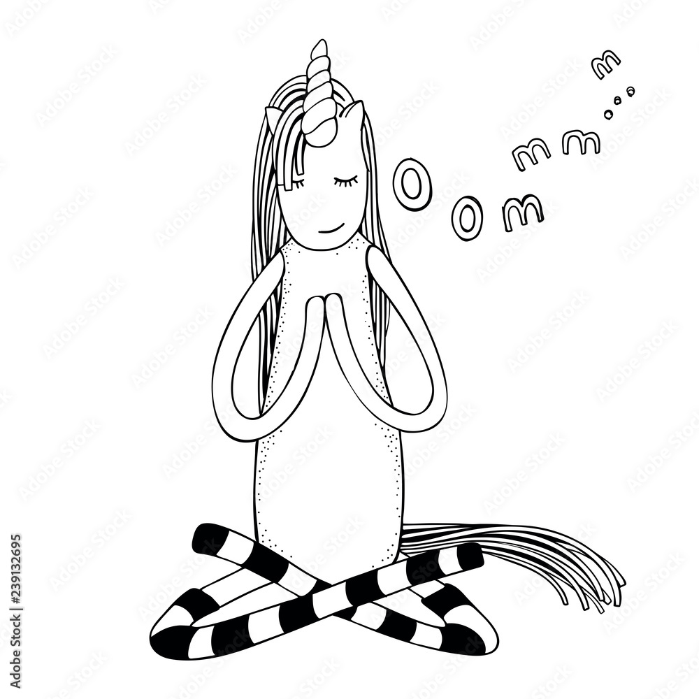 unicorn in yoga easy pose. coloring book page. Black and white vector ...