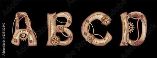 Symbols of the Latin alphabet A B C D. The letters of the English language. Copper and brass steampunk mechanisms with tubes, gears and rivets. Freely editable isolated on black background.