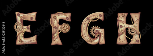 Symbols of the Latin alphabet E F G H. The letters of the English language. Copper and brass steampunk mechanisms with tubes, gears and rivets. Freely editable isolated on black background.